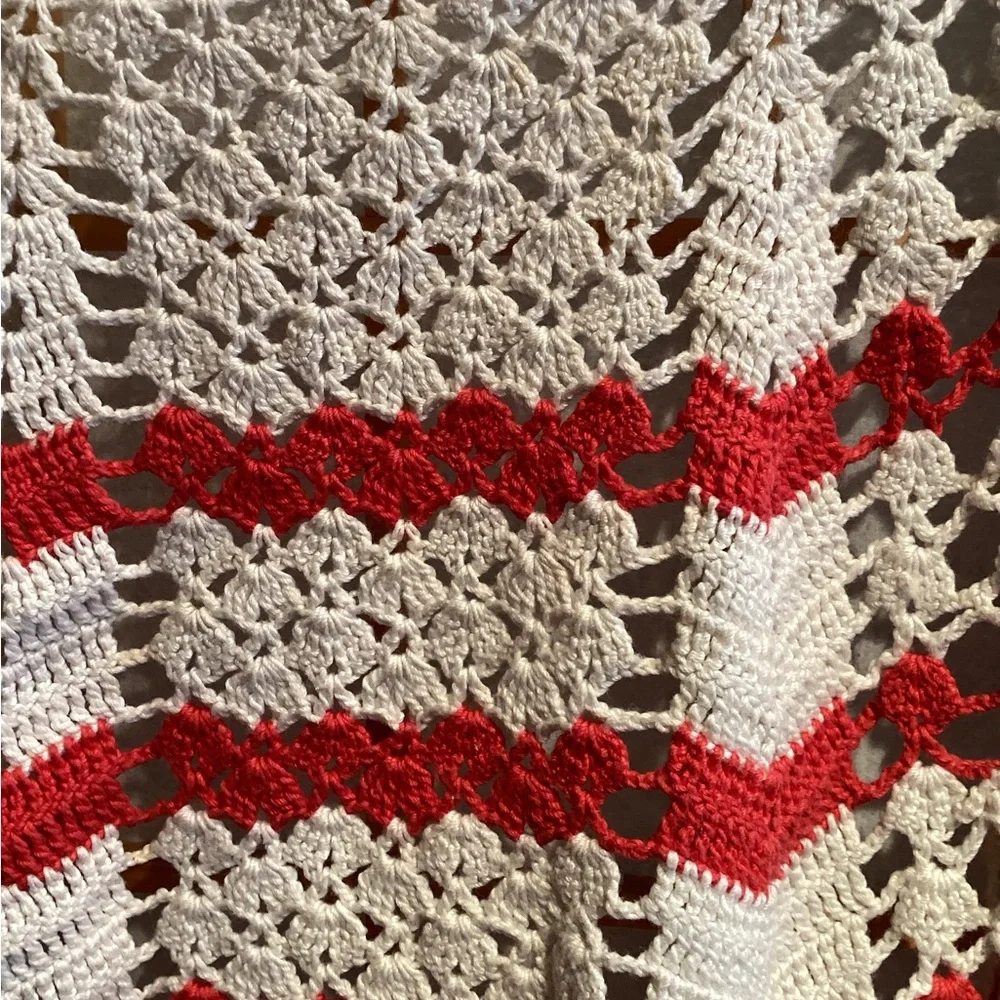 Vintage Handmade Cream and Red Stripe Crochet Half Apron
